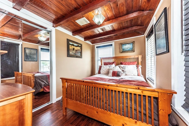 1102 15th St, San Leon, TX 77539 - bedroom featuring beamed ceiling, multiple windows, wood-type flooring, and wood ceiling