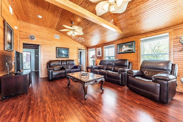 1102 15th St, San Leon, TX 77539 - living area featuring a healthy amount of sunlight, visible vents, a ceiling fan, and wood ceiling