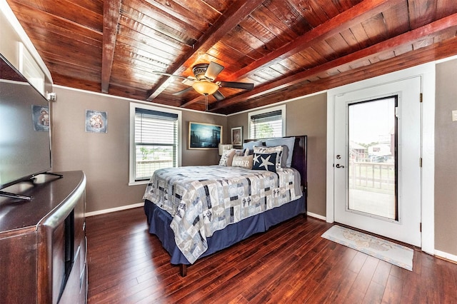1102 15th St, San Leon, TX 77539 - bedroom featuring beamed ceiling, dark wood-style flooring, ceiling fan, baseboards, and wood ceiling