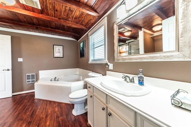 1102 15th St, San Leon, TX 77539 - bathroom featuring vanity, wooden ceiling, a bath, and wood finished floors