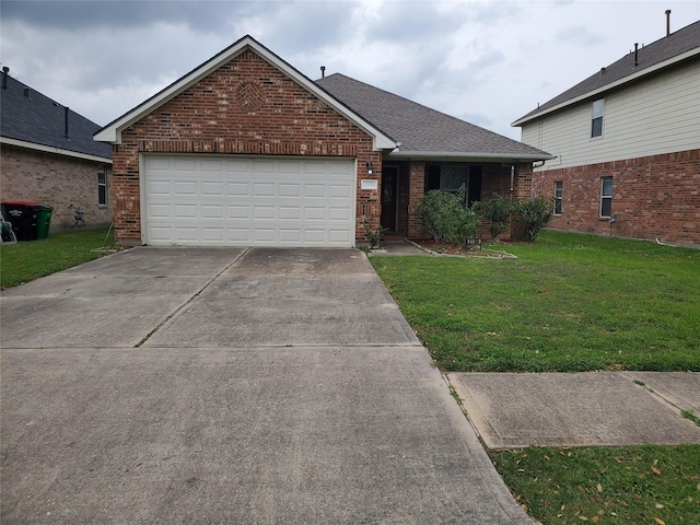 ranch-style home with brick siding, a shingled roof, a front lawn, concrete driveway, and an attached garage