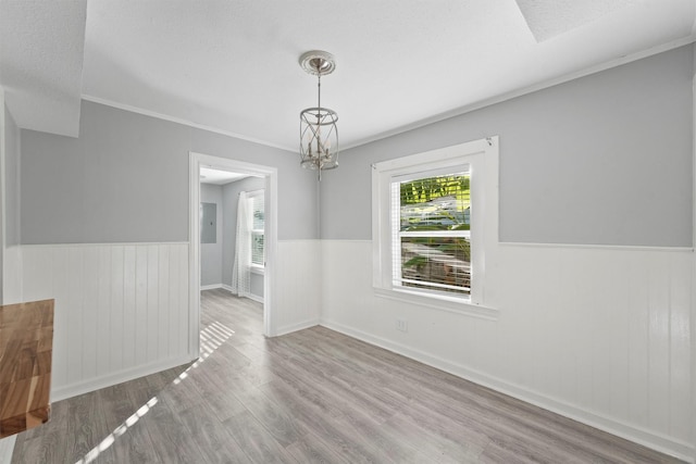 unfurnished dining area with wooden walls, wood finished floors, and a wainscoted wall