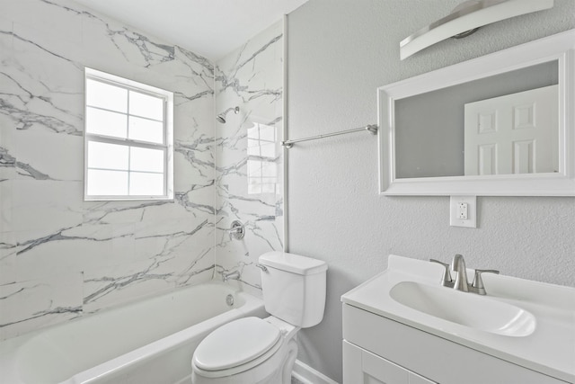 bathroom featuring a textured wall, toilet,  shower combination, and vanity
