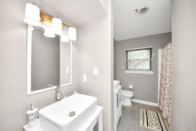 bathroom with visible vents, baseboards, toilet, vanity, and tile patterned flooring
