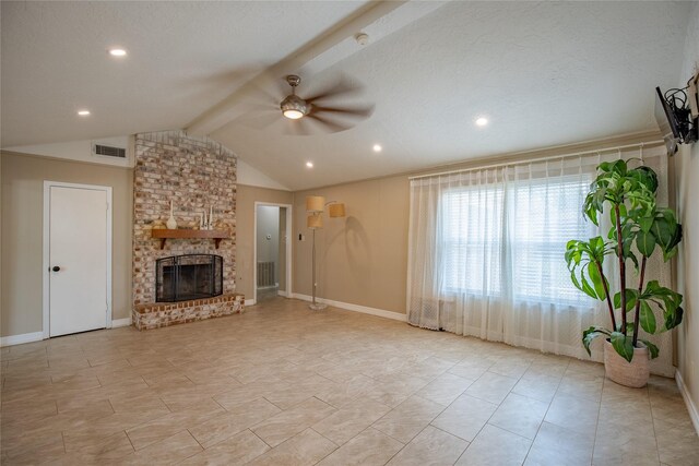 unfurnished living room with a brick fireplace, ceiling fan, visible vents, baseboards, and lofted ceiling