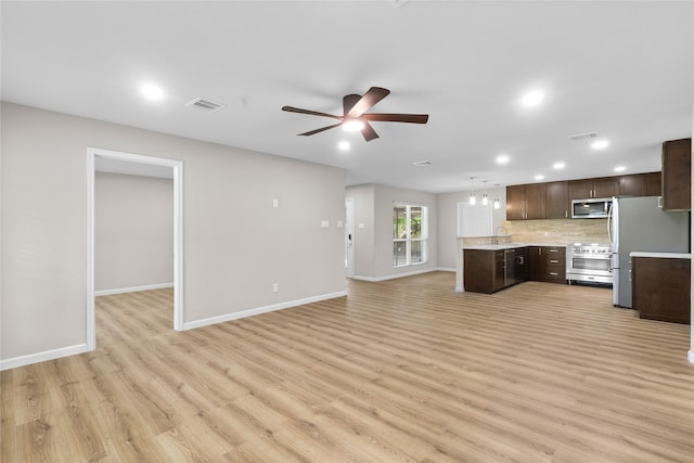 unfurnished living room featuring light wood-style flooring, a sink, visible vents, baseboards, and a ceiling fan
