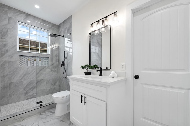 full bathroom featuring a walk in shower, vanity, toilet, marble finish floor, and recessed lighting