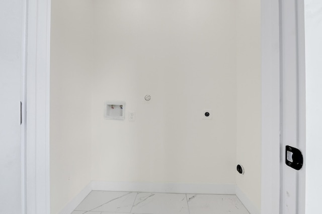 laundry area with hookup for an electric dryer, baseboards, washer hookup, and marble finish floor