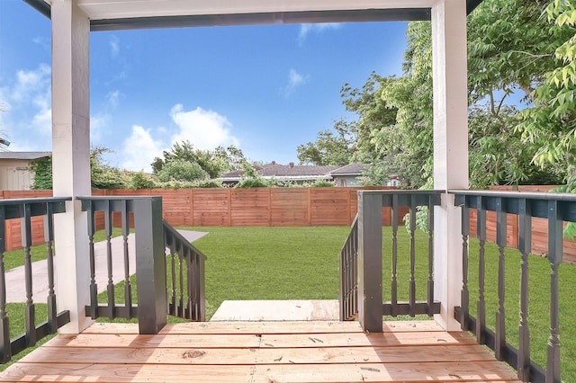deck featuring a lawn and a fenced backyard