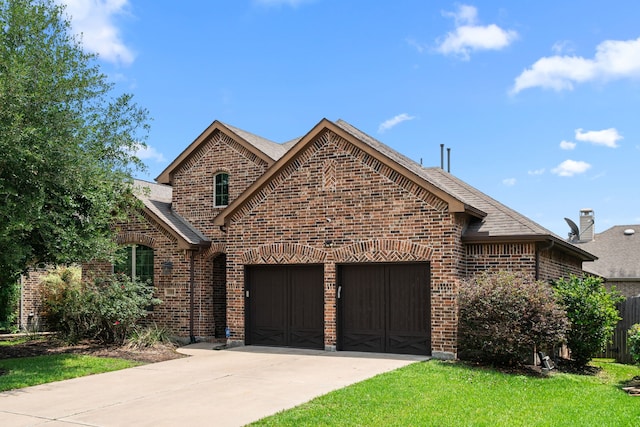 view of front of property with driveway, an attached garage, a shingled roof, and brick siding
