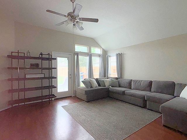 4326 Sunlit Pass Loop, Humble, TX 77396 - living area with lofted ceiling, ceiling fan, and wood finished floors