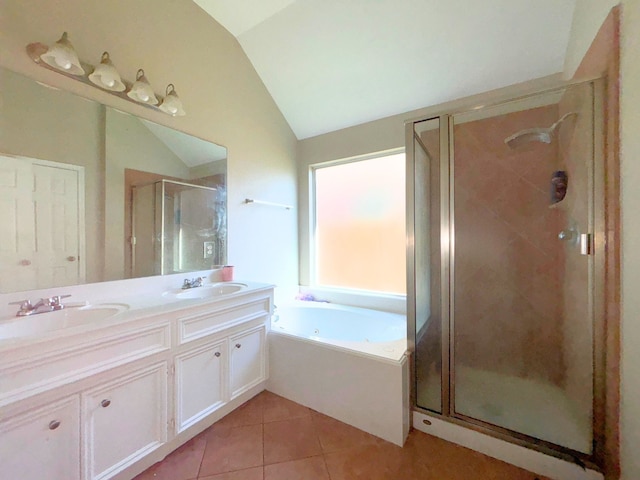 4326 Sunlit Pass Loop, Humble, TX 77396 - full bath featuring a stall shower, a sink, tile patterned flooring, and vaulted ceiling