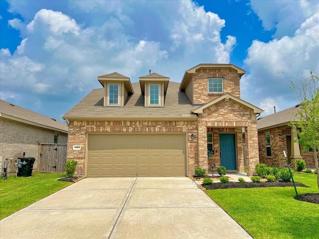 view of front facade featuring brick siding, fence, driveway, a front lawn, and an attached garage