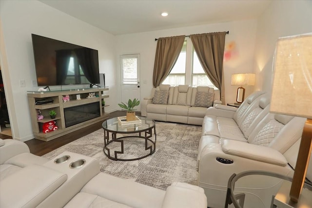 living room with wood finished floors and a glass covered fireplace