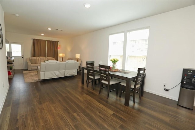 dining room featuring baseboards, recessed lighting, visible vents, and dark wood-type flooring