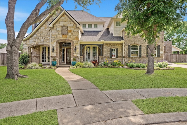 view of front of house with fence, roof with shingles, a front lawn, and stone siding