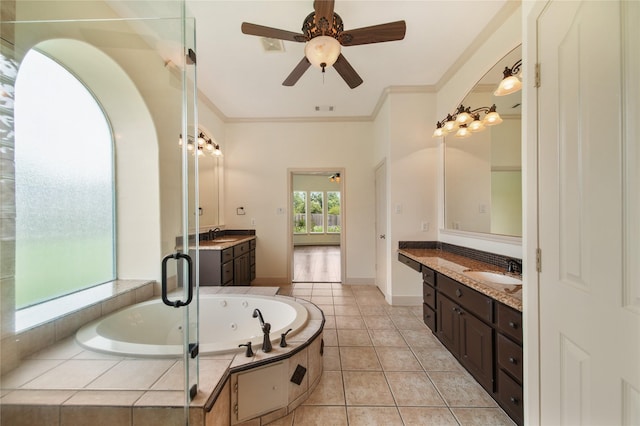 full bath with a sink, ceiling fan, a whirlpool tub, and two vanities