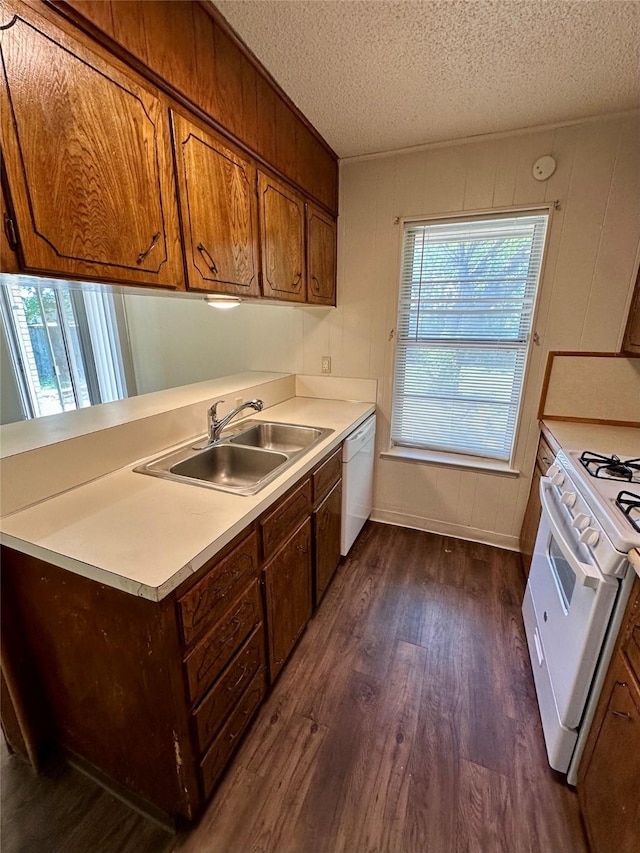 kitchen with a textured ceiling, a sink, light countertops, dark wood finished floors, and white appliances