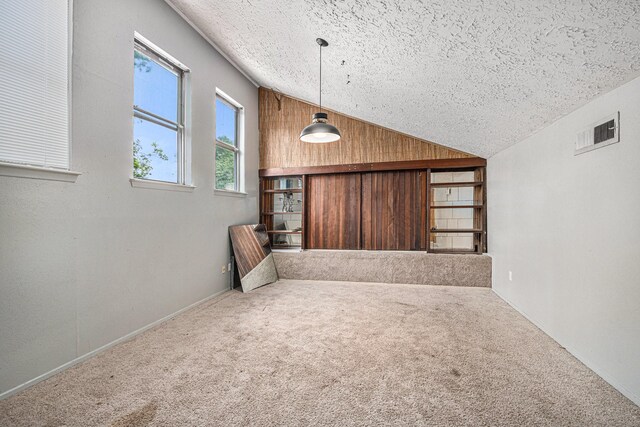 13126 Birch Grove Dr, Houston, TX 77099 - unfurnished living room featuring a textured ceiling, visible vents, lofted ceiling, and carpet floors
