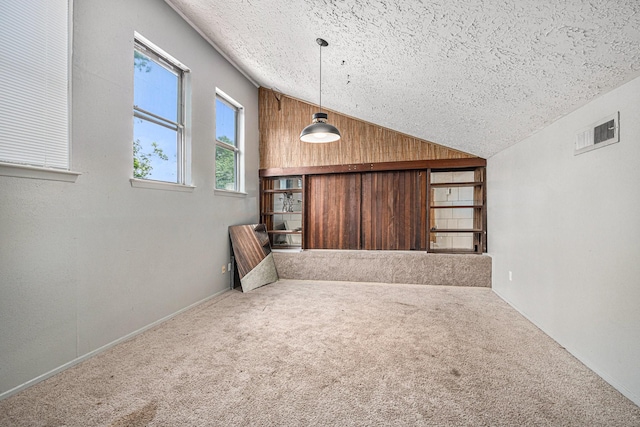 13126 Birch Grove Dr, Houston, TX 77099 - unfurnished living room featuring a textured ceiling, visible vents, lofted ceiling, and carpet floors