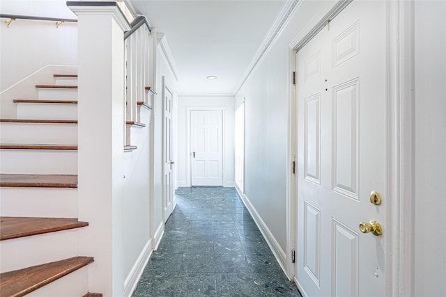 3210 Oakdale St, Houston, TX 77004 - hall featuring baseboards, ornamental molding, and stairs