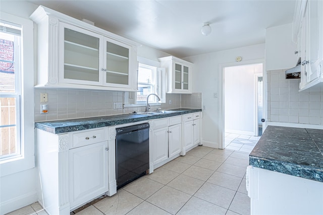 3210 Oakdale St, Houston, TX 77004 - kitchen with white cabinetry, decorative backsplash, glass insert cabinets, a sink, and dishwasher