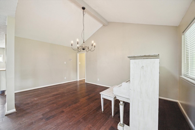 unfurnished dining area featuring vaulted ceiling with beams, wood finished floors, a chandelier, and baseboards