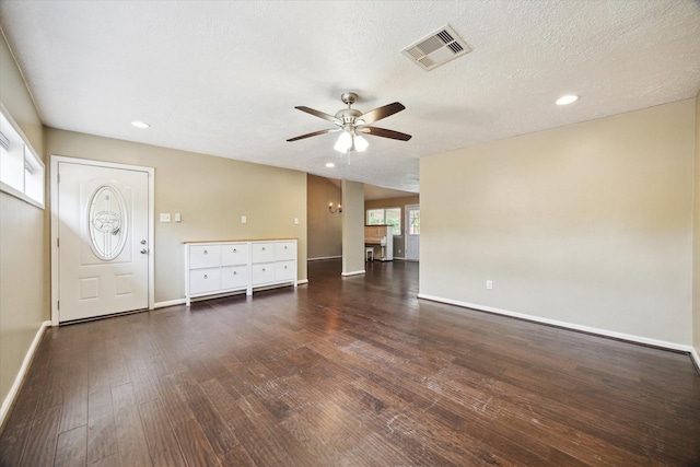 entryway featuring recessed lighting, hardwood / wood-style flooring, ceiling fan, baseboards, and visible vents