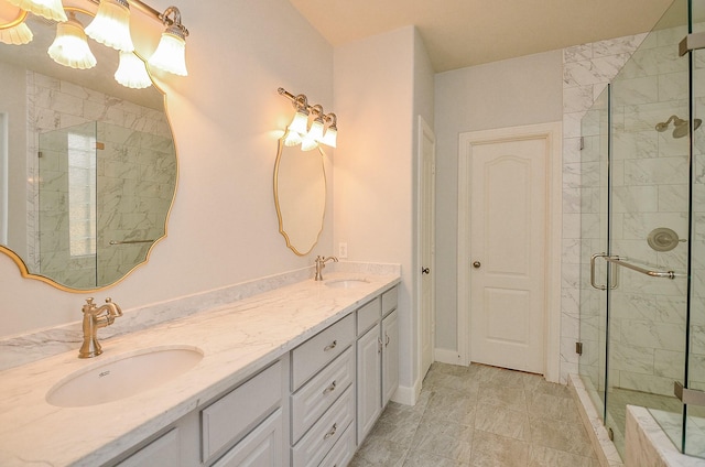 1615 Lakeside Enclave Dr, Houston, TX 77077 - bathroom featuring a shower stall, double vanity, and a chandelier