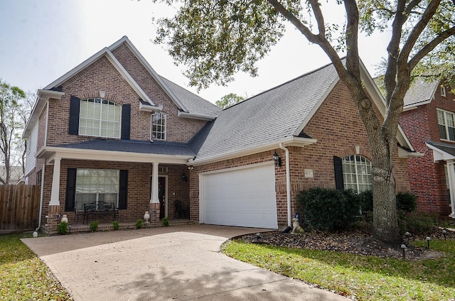1615 Lakeside Enclave Dr, Houston, TX 77077 - view of front facade featuring brick siding, covered porch, a shingled roof, concrete driveway, and a garage