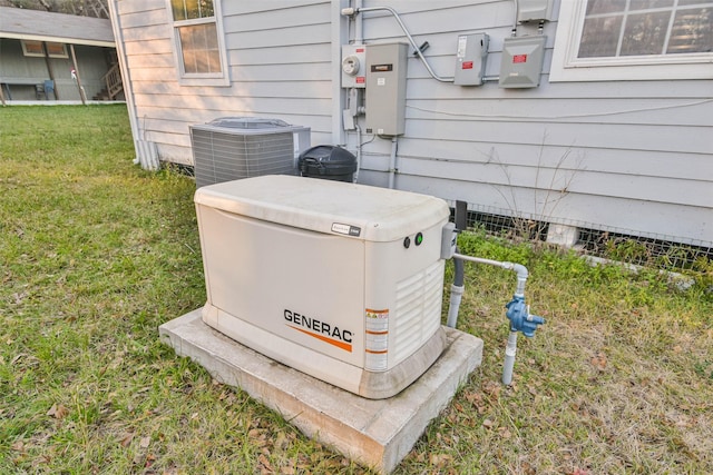 exterior details with central AC, electric meter, and a power unit