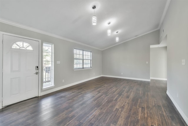 entryway with lofted ceiling, crown molding, dark wood-style floors, and baseboards