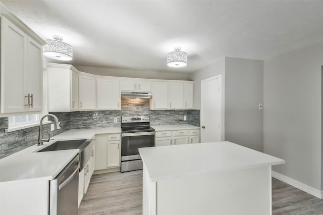kitchen with light wood finished floors, a sink, stainless steel appliances, and under cabinet range hood