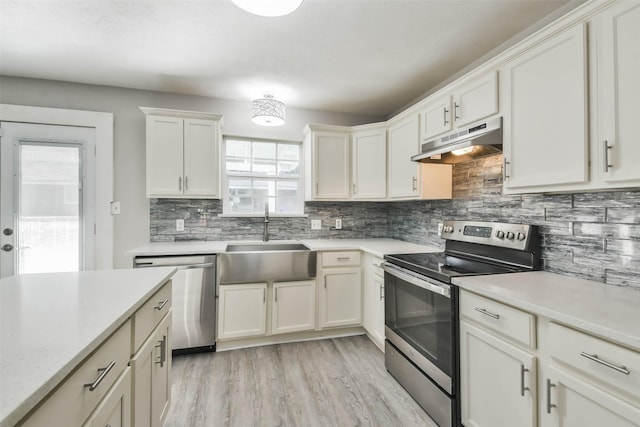kitchen with light countertops, a sink, stainless steel appliances, and under cabinet range hood