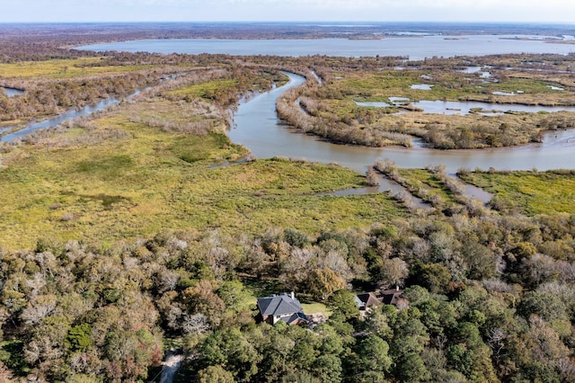 aerial view with a water view and a view of trees