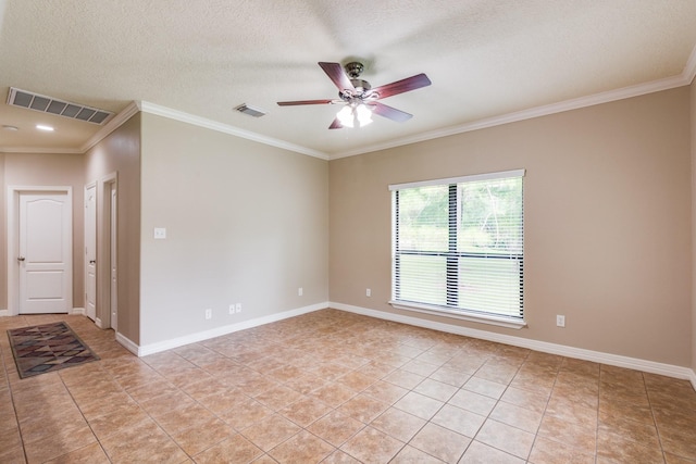 empty room with crown molding, a ceiling fan, visible vents, and light tile patterned flooring