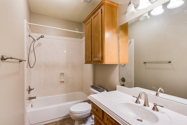 full bathroom with a textured ceiling, vanity, toilet, and shower / bathtub combination