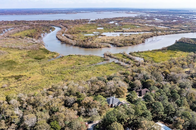 aerial view featuring a water view and a view of trees
