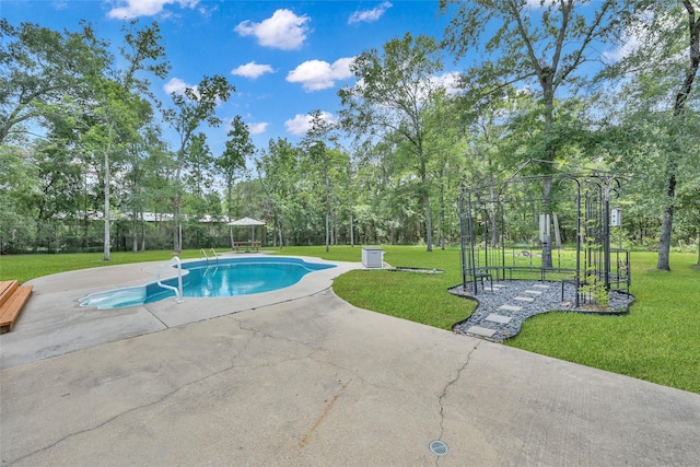31235 Edgewater Dr, Magnolia, TX 77354 - outdoor pool with a lawn, a patio, a playground, and view of scattered trees