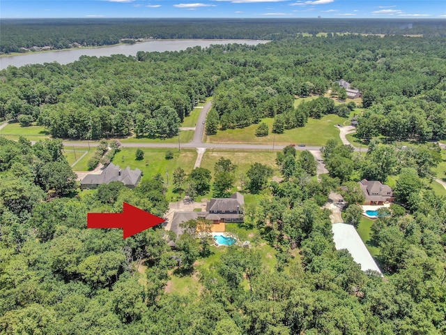 31235 Edgewater Dr, Magnolia, TX 77354 - aerial view of a heavily wooded area, a large body of water, and a pool area