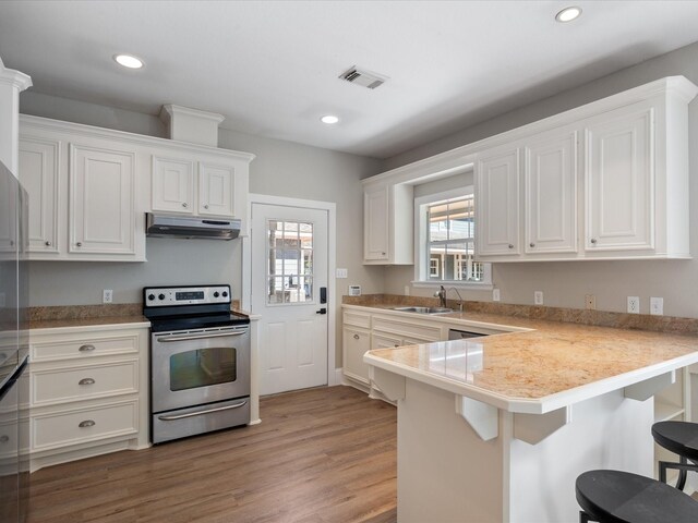 31235 Edgewater Dr, Magnolia, TX 77354 - kitchen featuring stainless steel electric stove, under cabinet range hood, a sink, a kitchen breakfast bar, and a peninsula