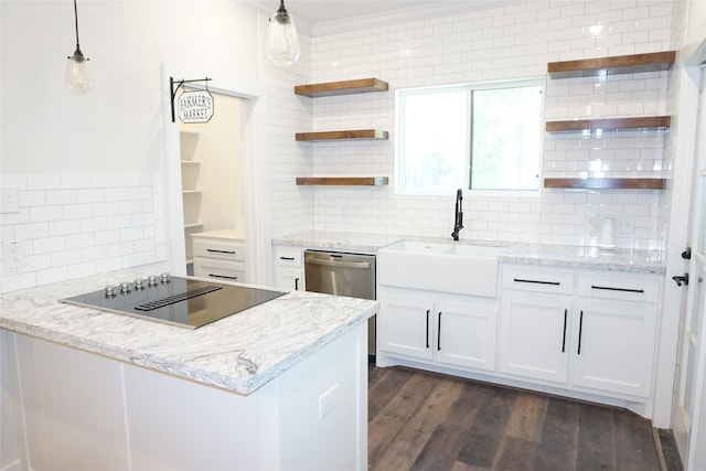 165 Sanctuary Rd, Huntsville, TX 77340 - kitchen featuring dark wood-type flooring, open shelves, black electric stovetop, and decorative backsplash