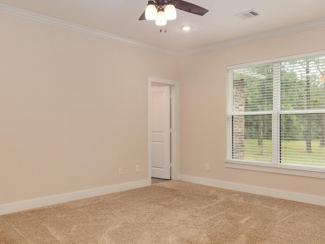 165 Sanctuary Rd, Huntsville, TX 77340 - empty room with crown molding, ceiling fan, visible vents, baseboards, and carpet
