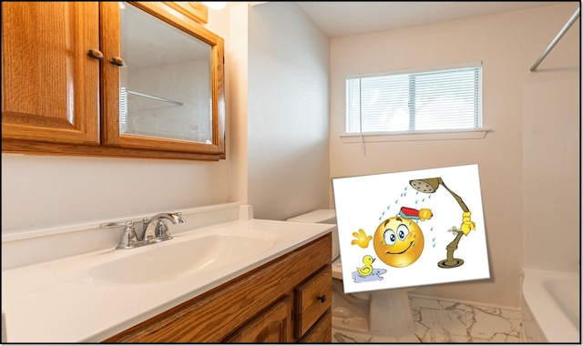 full bath featuring a tub to relax in, marble finish floor, walk in shower, and vanity