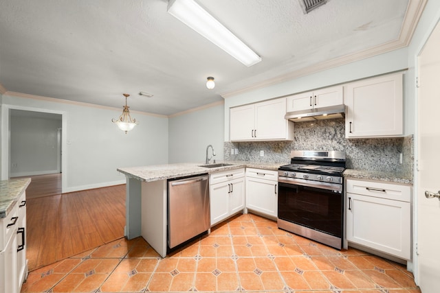 kitchen with under cabinet range hood, appliances with stainless steel finishes, ornamental molding, backsplash, and a sink