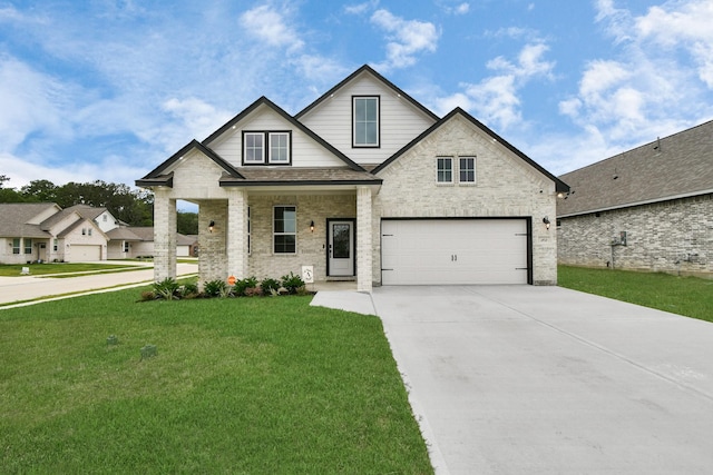view of front facade with a front lawn, brick siding, roof with shingles, concrete driveway, and an attached garage