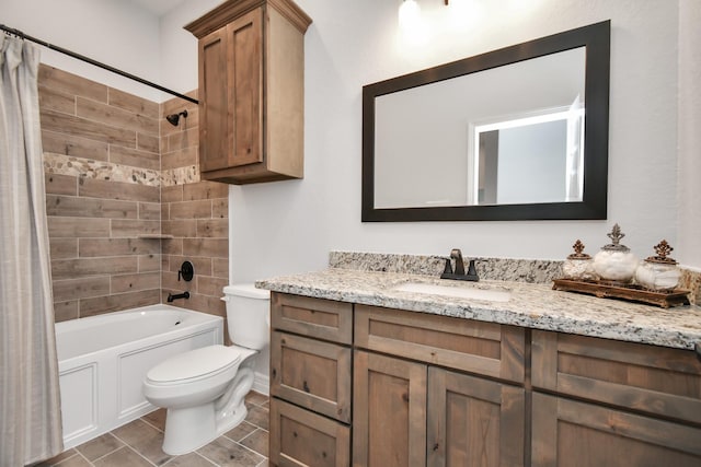 bathroom with shower / bathtub combination with curtain, vanity, and toilet
