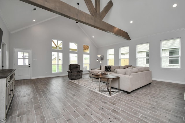 living room featuring recessed lighting, high vaulted ceiling, beam ceiling, and baseboards