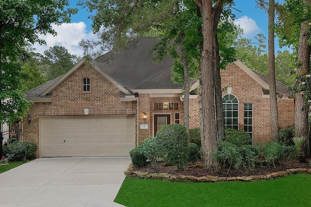 view of front of home featuring brick siding, concrete driveway, a shingled roof, and a garage