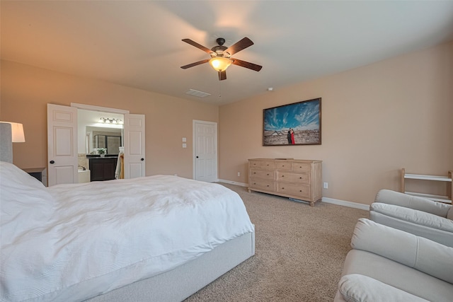 bedroom featuring carpet flooring, baseboards, visible vents, and ceiling fan